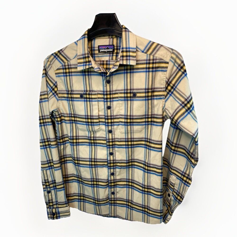 Patagonia Men's Canyonite Flannel Shirt Size S (No Sz Tag) Cream Blue Plaid